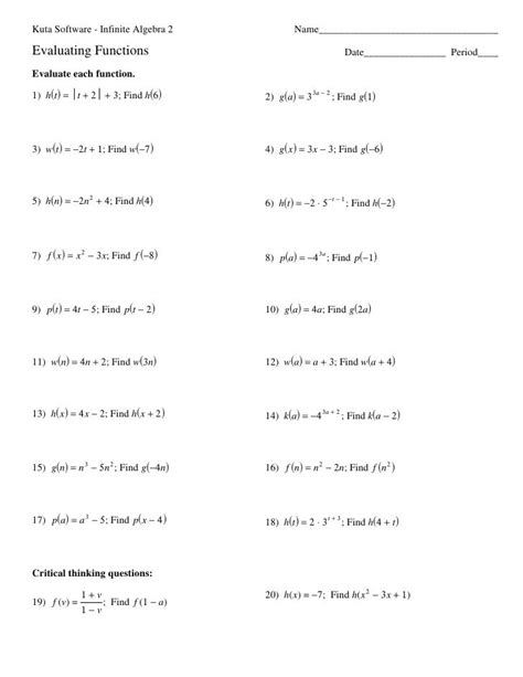 evaluating functions worksheet algebra 2 (conway) answers